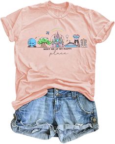 a pink shirt and shorts with the words meet me at my happy place on it