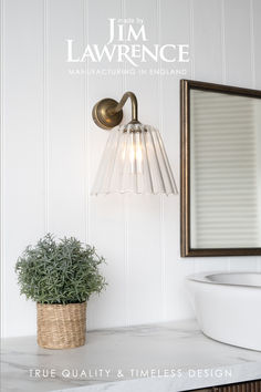 a bathroom with a sink, mirror and plant on the counter top in front of it