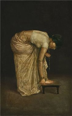 a painting of a woman bending over on a stool