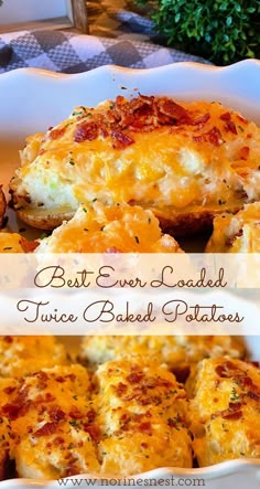 Top photo: Close-up of Best Ever Loaded Twice Baked Potatoes. Bottom Photo: Casserole dish filled with twice stuffed baked potatoes. Best Stuffed Baked Potatoes, Baked Potatoe Casserole Recipes, Double Cooked Potatoes, Recipes That Use Potatoes, Twice Stuffed Baked Potatoes, Double Stuffed Potatoes Recipes, Double Baked Potato Casserole, Recipes Using Baked Potatoes, Russet Potato Casserole Recipes