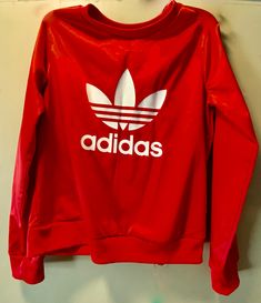 Red Adidas. Satin Sweatshirt XS NWT B3 Sporty Red Winter Top, Red Sporty Winter Top, University Red Sporty Top For Spring, Sporty University Red Tops For Spring, Sweatshirt Outfit Summer, Red Stretch Sweatshirt Sporty Style, Trendy Red Sweatshirt For Spring, Casual University Red Top For Fall, University Red Long Sleeve Tops For Spring