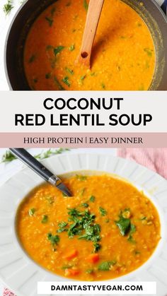 a bowl of coconut red lentil soup on a white plate with a wooden spoon