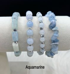 Ready to ship 7 1/4" stretchable bracelet made from Genuine Aquamarine Gemstones, Stainless Steel & Glass Crystals w/ Optional Charm  **One Charm can be changed upon request. I can send pictures of charms I have in stock, just send me a message or note when ordering* --Types Of Charms: Alphabet Letter, Anchor, Animal, Awareness Ribbon, Bird, Birthstone, Bumble Bee, Butterfly, Celtic Knot, Cat, Cross, Crown, Crystal, Dragonfly, Elephant, Evil Eye, Feather, Flower, Hamsa Hand, Heart, Hope Ribbon, Different Types Of Bracelets, Types Of Bracelets, Gem Bracelets, Animal Awareness, Crown Crystal, Crystal Bead Jewelry, Hand Heart, Message Bracelet, Bracelets Design