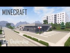 a minecraft car dealership in the middle of a road with trees and bushes