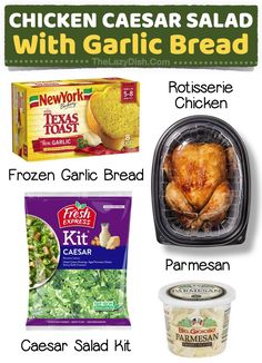 the ingredients for chicken caesar salad with garlic bread are shown in this graphic above it