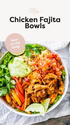 chicken fajita bowls in a white bowl with cilantro