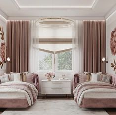 a bedroom with two beds and curtains in front of a window that has pink flowers on it