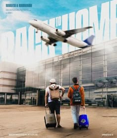 two people with luggage walking towards an airplane in front of a movie poster for back to the movies