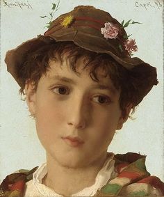 a painting of a young boy wearing a brown hat with flowers on it's brim