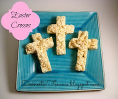 three rice krispy treats on a blue plate with the words easter crosses above them