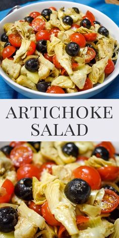 artichoke salad with olives and tomatoes in a white bowl