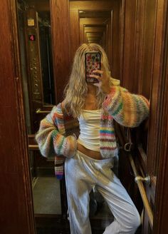 Fuzzy Outfit, Elevator Mirror Selfie, Elevator Mirror, Comfy Lounge Pants, Rainbow Cardigan, Comfy Lounge, Cozy Mornings, Autumn Fits, Ootd Ideas