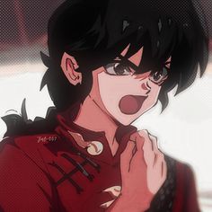 an anime character with black hair and red shirt making a funny face while holding his hand to his mouth