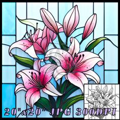 a stained glass window with pink lilies in the center and white flowers behind it