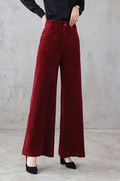 High Waisted Corduroy Pants, 70s Red Outfit, Non-stretch Corduroy Pants, Solid Non-stretch Corduroy Pants, Red High-waist Corduroy Bottoms, Winter Corduroy Full Length Bottoms, Vintage Wide Leg Pants For Winter, Winter Full-length Corduroy Bottoms, Winter Wide Leg Corduroy Bottoms