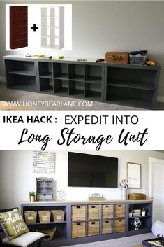 the before and after pictures of an ikea hackt into living room storage unit