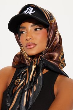 Available In Brown/combo. Head Scarf Animal Print Design Silky Material Size: 90x90cm Imported | Feeling Luxurious Head Scarf in Brown by Fashion Nova Scarf Head Wrap, Style Neck Scarf, Scarf Over Head Outfit, Style Head Scarf, Hats And Scarves, European Hats For Women, Bohemian Head Scarf, Durag Outfit Women, Hat And Scarf Combo