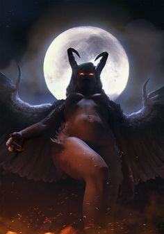 a woman with wings and demon makeup in front of a full moon, holding her hands out to her chest