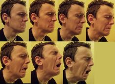 multiple images of a man making faces with his mouth open