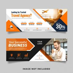 two banners for travel agencies with an orange and black design on the bottom one has a man