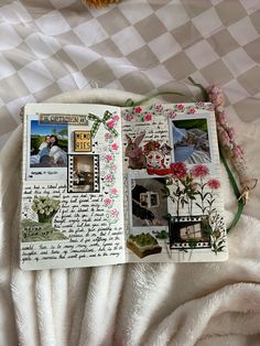 an open book with pictures and flowers on it