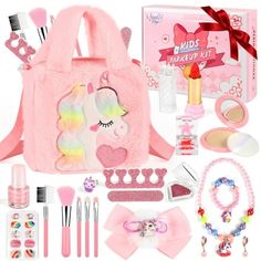 a pink bag filled with makeup and accessories