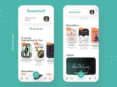 two smartphones with bookshelf app on them, one is open and the other has
