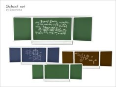 a set of four different colored chalkboards with writing on them and some drawings in the background