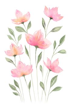 watercolor painting of pink flowers with green leaves