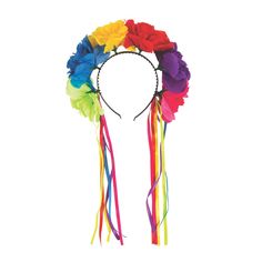 These are some colorful headdresses! Perfect for a fiesta or a Dia de los Muertos celebration, these lovely headbands feature six colorful flowers each along with vibrant ribbons that hang on each side. Great as fiesta party favors, your guests will feel like dancing with these headbands upon their heads! (6 pcs. per unit)Plastic 5" headband with 2 1/2" polyester flowers and 12" ribbons. Fiesta Party Favors, Headband Ribbon, Community Halloween, Rose Flower Headband, Flowers Headband, Mexican Party Decorations, Rainbow Headband, Cosplay Photography, Fiesta Theme Party