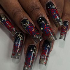 i love florals 🗣️🗣️ im not over my garden era.. i wanna do more orchids tho 🤔 she asked for red + blue but dont make it… | Instagram Blue Red Nails, Blue And Red Nails, Red And Blue Nails, Different Nail Designs, Gothic Nails, Glamour Nails, Birthday Nails