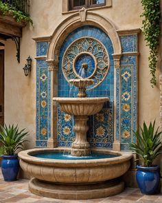 a fountain in front of a building with blue and yellow tiles on it's sides