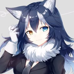 an anime character with long black hair and blue eyes, wearing a cat ears costume