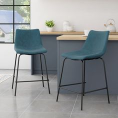 two blue chairs sitting in front of a counter