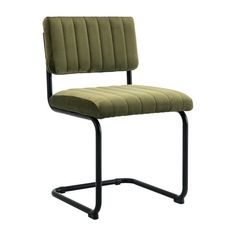 an upholstered chair with black metal frame and green fabric seat pad, viewed from the front