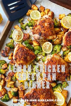 lemon chicken sheet pan dinner with broccoli and cauliflower on the side