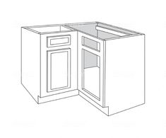 a line drawing of a corner cabinet with the door open to reveal an empty drawer