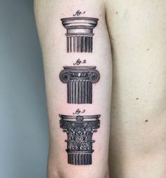 a man's arm with three different types of architecture tattoos on his left side