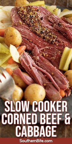 slow cooker corned beef and cabbage recipe on a plate with text overlay