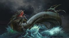 a dragon with its mouth open sitting on top of a boat in the ocean under a cloudy sky