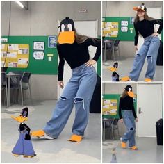 a woman in jeans and a duck costume