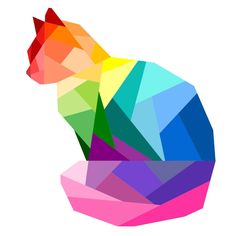 a colorful cat sitting on top of a white surface