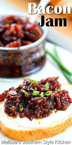 bacon jam on a piece of bread with green onions in the background and text overlay