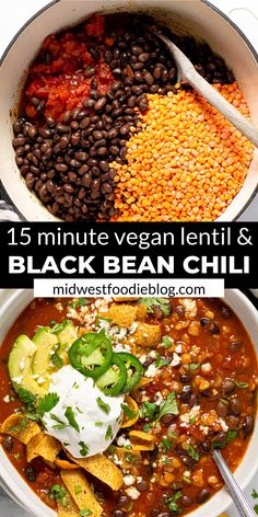 black bean chili in a white bowl with spoons