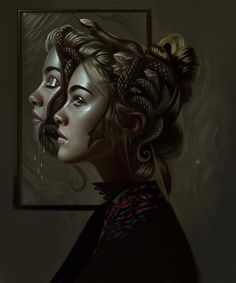 a painting of a woman's face with her hair pulled back in a bun