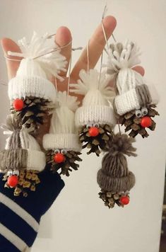 someone is holding some pine cones and knitted mittens with pom - poms on them