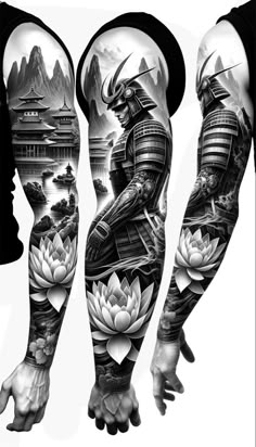 three different tattoos on both arms and legs with water lilies in the foreground