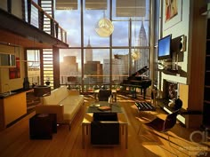 a living room filled with lots of furniture and tall buildings in the background at sunset