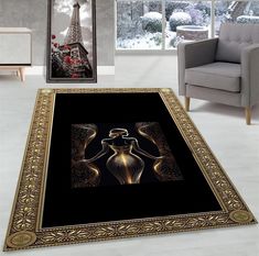 a living room area rug with an image of a woman in front of the eiffel tower