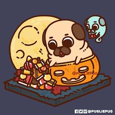 a pug dog sitting on top of a pile of candy next to a moon